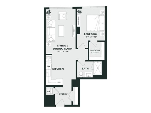 Floor plan for 1 bed, 1 bath, 698 sqft